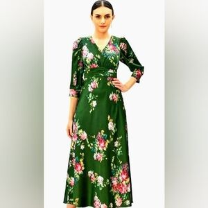 eshakti Green Floral Satin Maxi Dress with Three-Quarter Sleeves